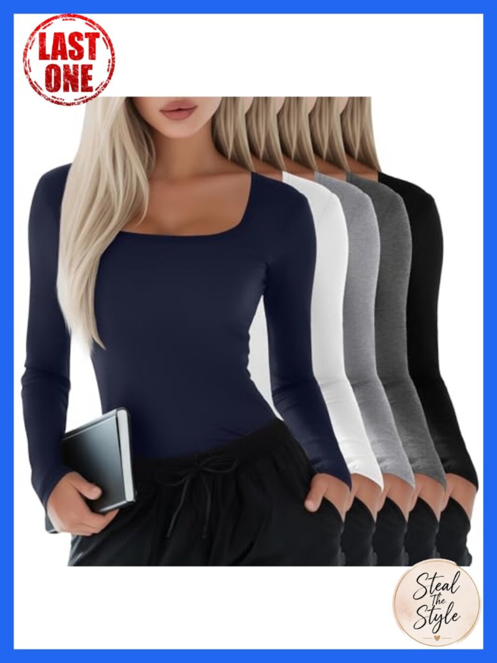 5 Pack Women's Long Sleeve Underscrub Shirts Cotton Blend Square Neck Slim Fit
